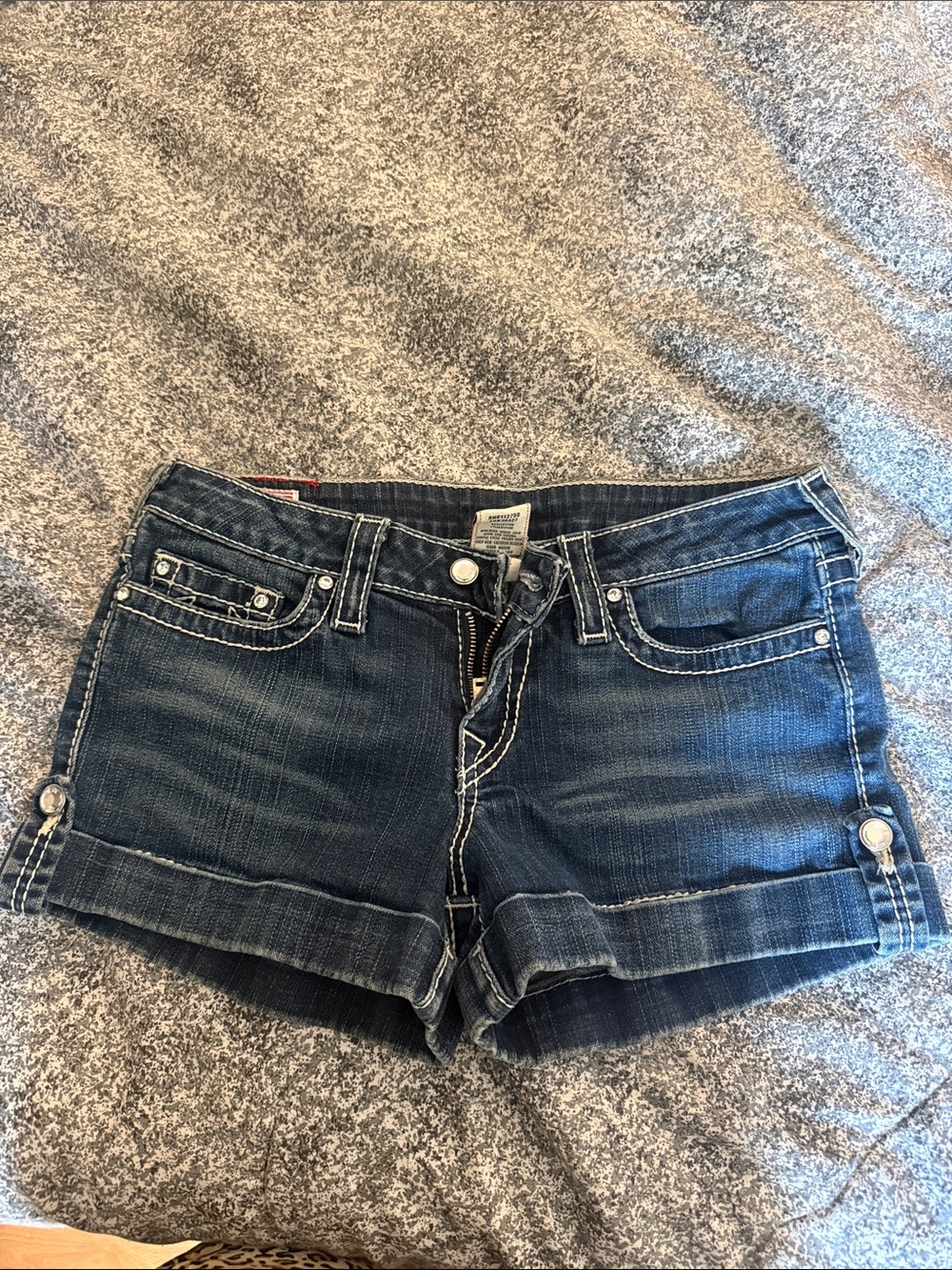 True religion Dark Wash Denim Mini shorts with Contrast Stitching